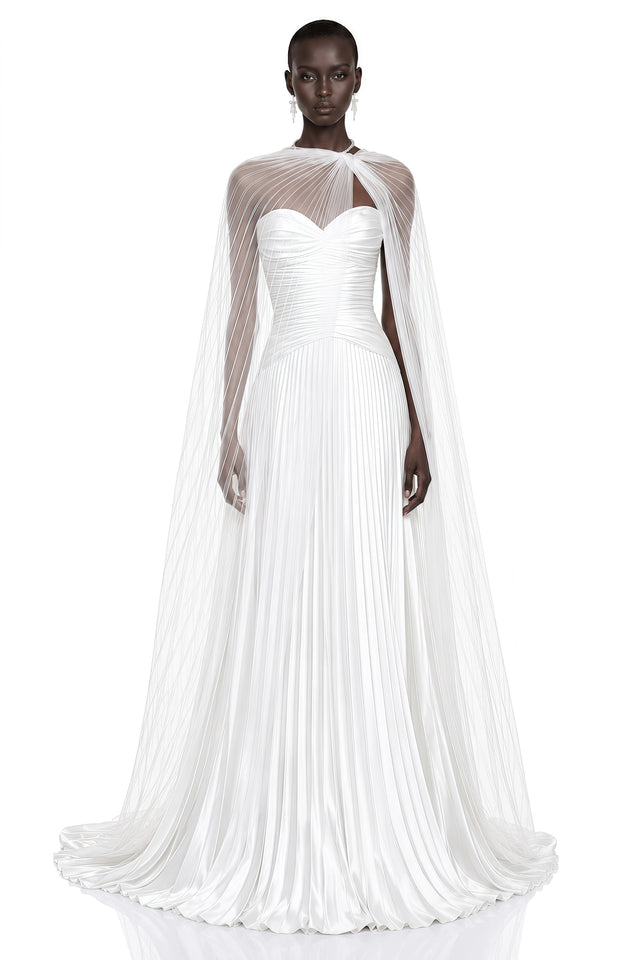 Palesa White Pleated Glossy Maxi Dress  Cape Set