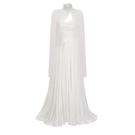 Miriana Maxi Dress White Pleated Glossy & Cape Set