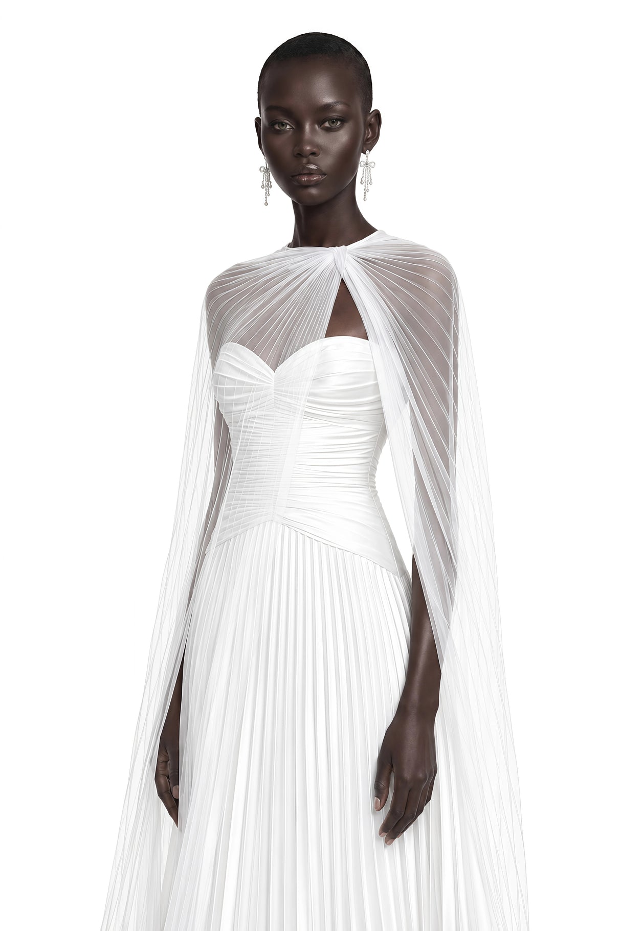 Palesa White Pleated Glossy Maxi Dress  Cape Set