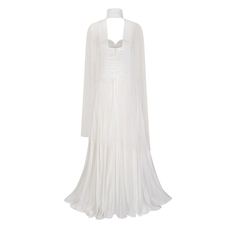 Miriana Maxi Dress White Pleated Glossy & Cape Set
