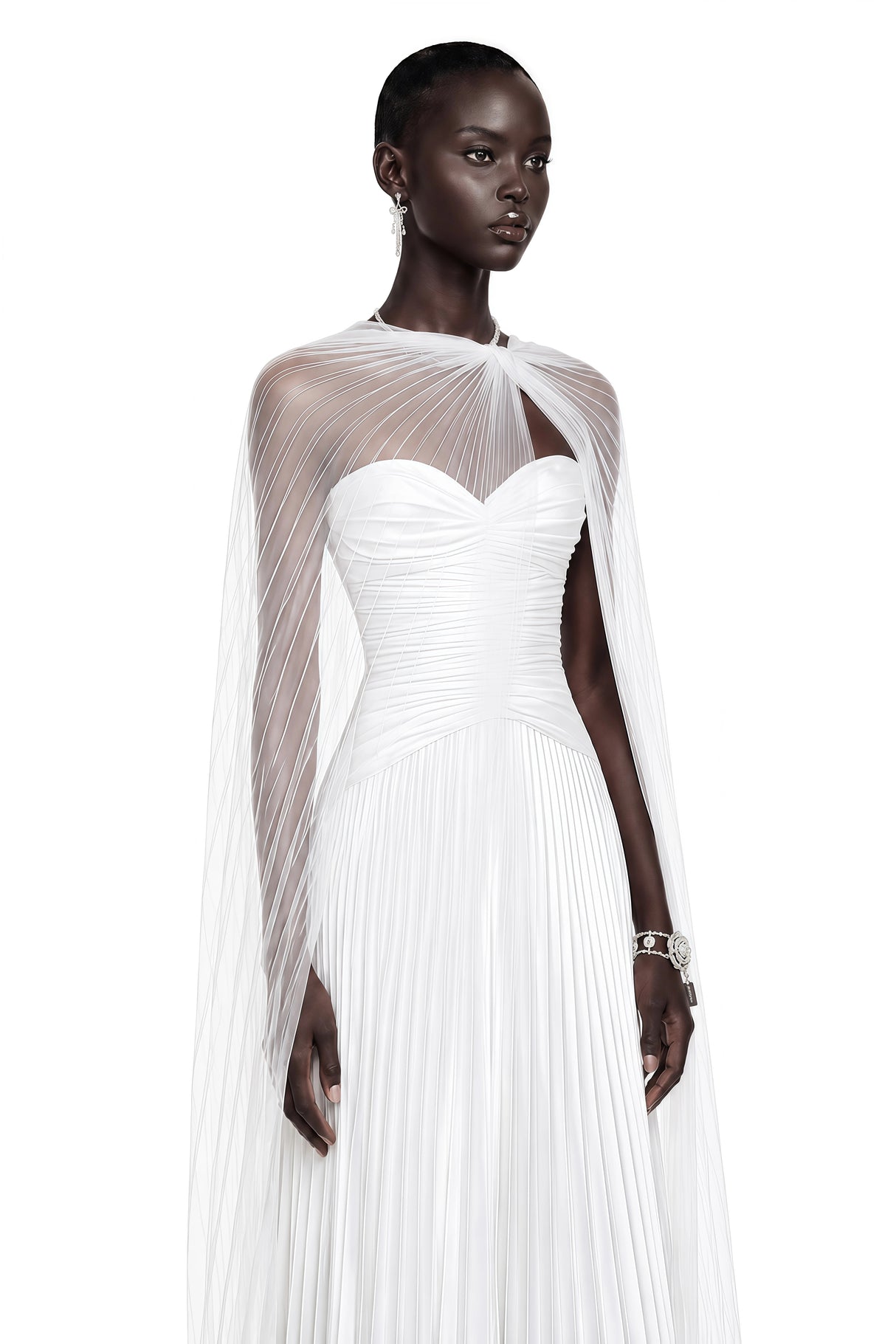 Palesa White Pleated Glossy Maxi Dress  Cape Set