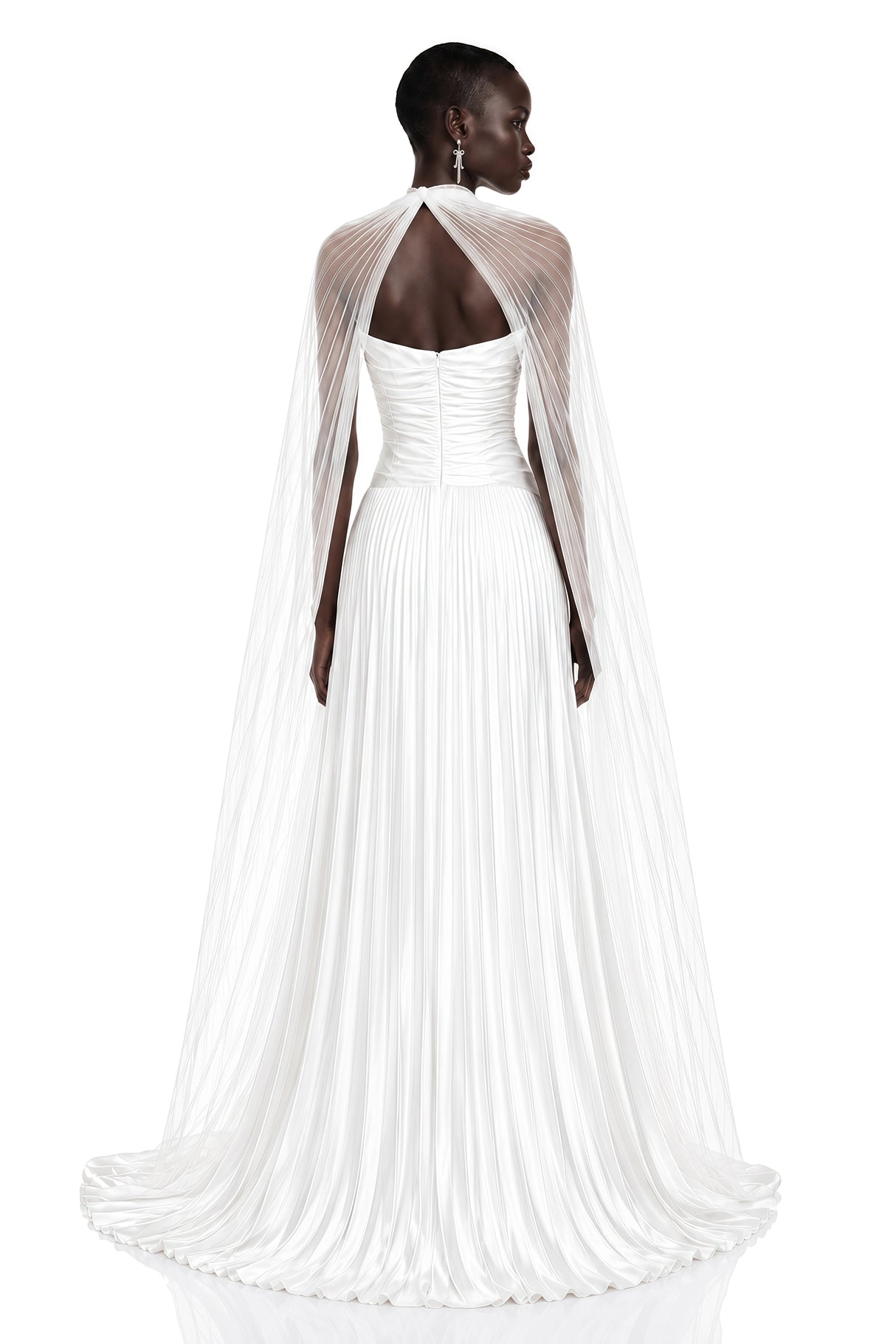 Palesa White Pleated Glossy Maxi Dress  Cape Set