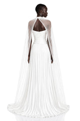Palesa White Pleated Glossy Maxi Dress  Cape Set
