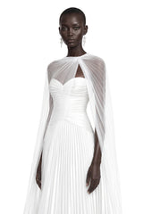 Palesa White Pleated Glossy Maxi Dress  Cape Set