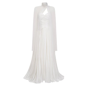 Palesa White Pleated Glossy Maxi Dress  Cape Set
