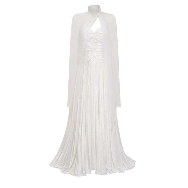 Palesa White Pleated Glossy Maxi Dress  Cape Set