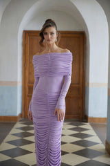 Pálína Purple Ruched Draped Knit Maxi Dress