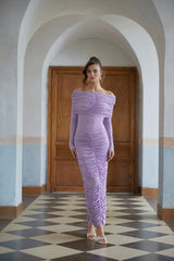 Pálína Purple Ruched Draped Knit Maxi Dress