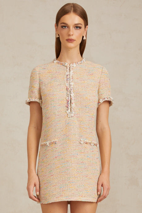 Faith Mini Dress Neutral Embellished Crochet Knit