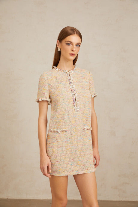 Faith Mini Dress Neutral Embellished Crochet Knit