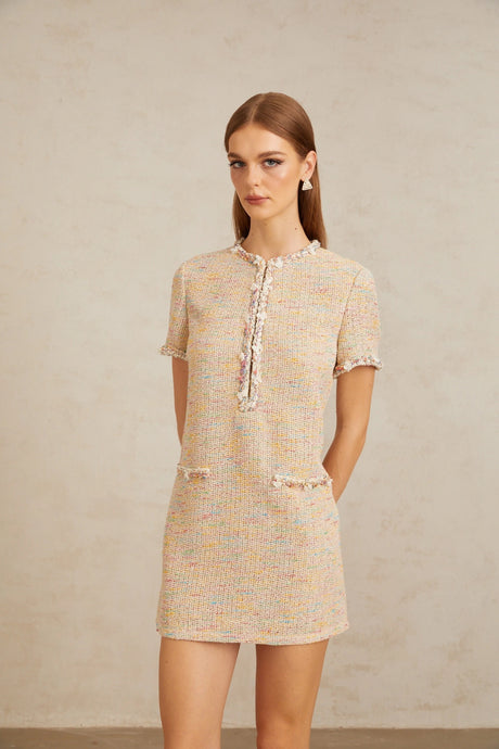 Faith Mini Dress Neutral Embellished Crochet Knit