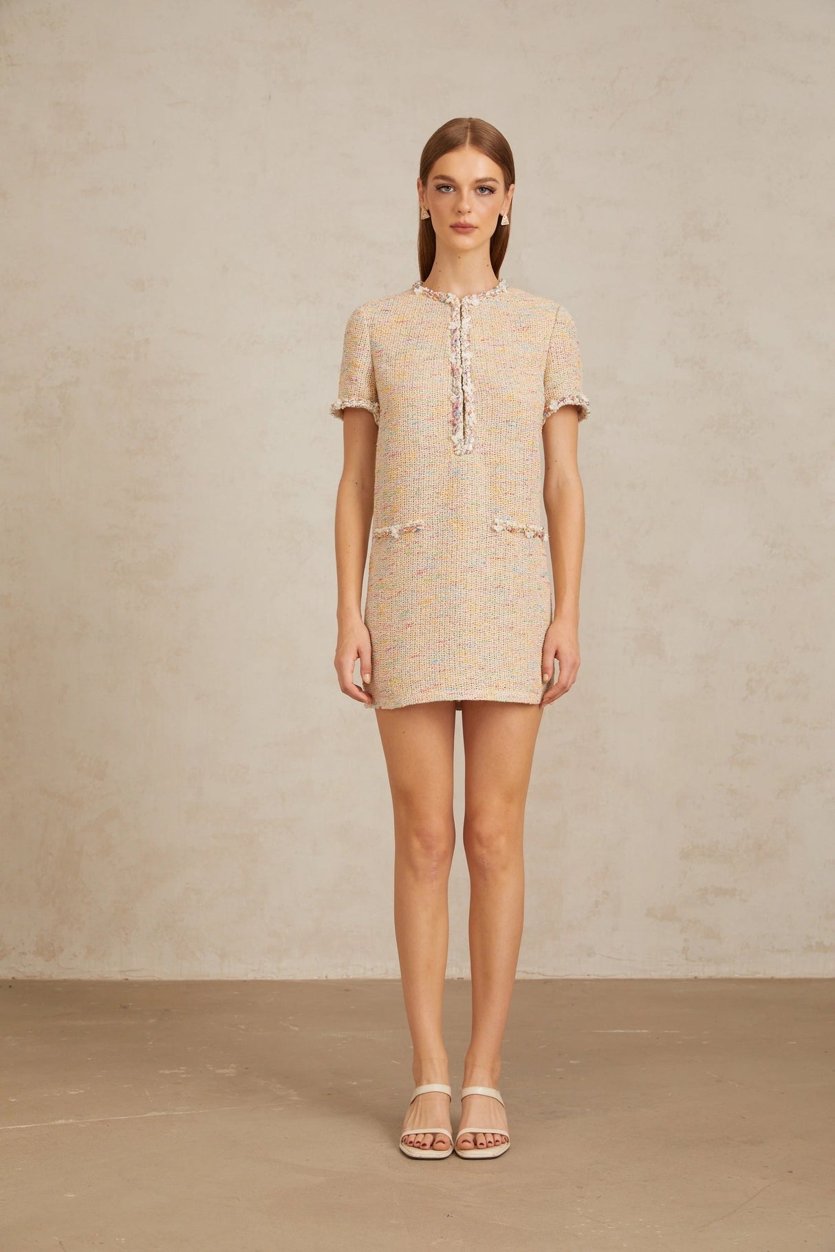 Palme Neutral Embellished Crochet Knit Mini Dress