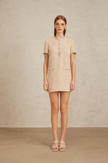 Faith Mini Dress Neutral Embellished Crochet Knit