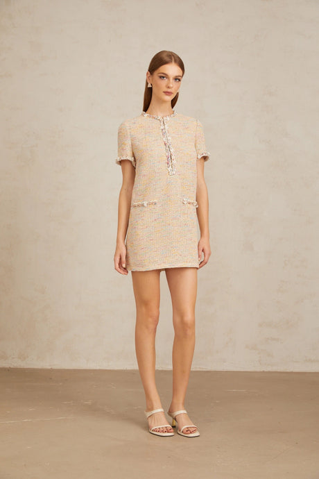 Faith Mini Dress Neutral Embellished Crochet Knit