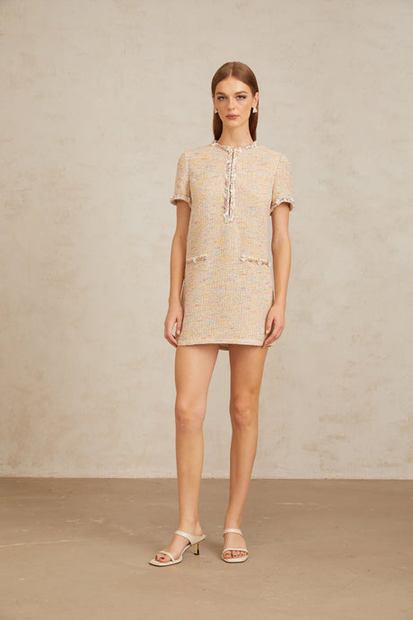 Faith Mini Dress Neutral Embellished Crochet Knit
