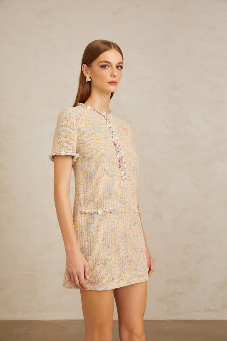 Faith Mini Dress Neutral Embellished Crochet Knit