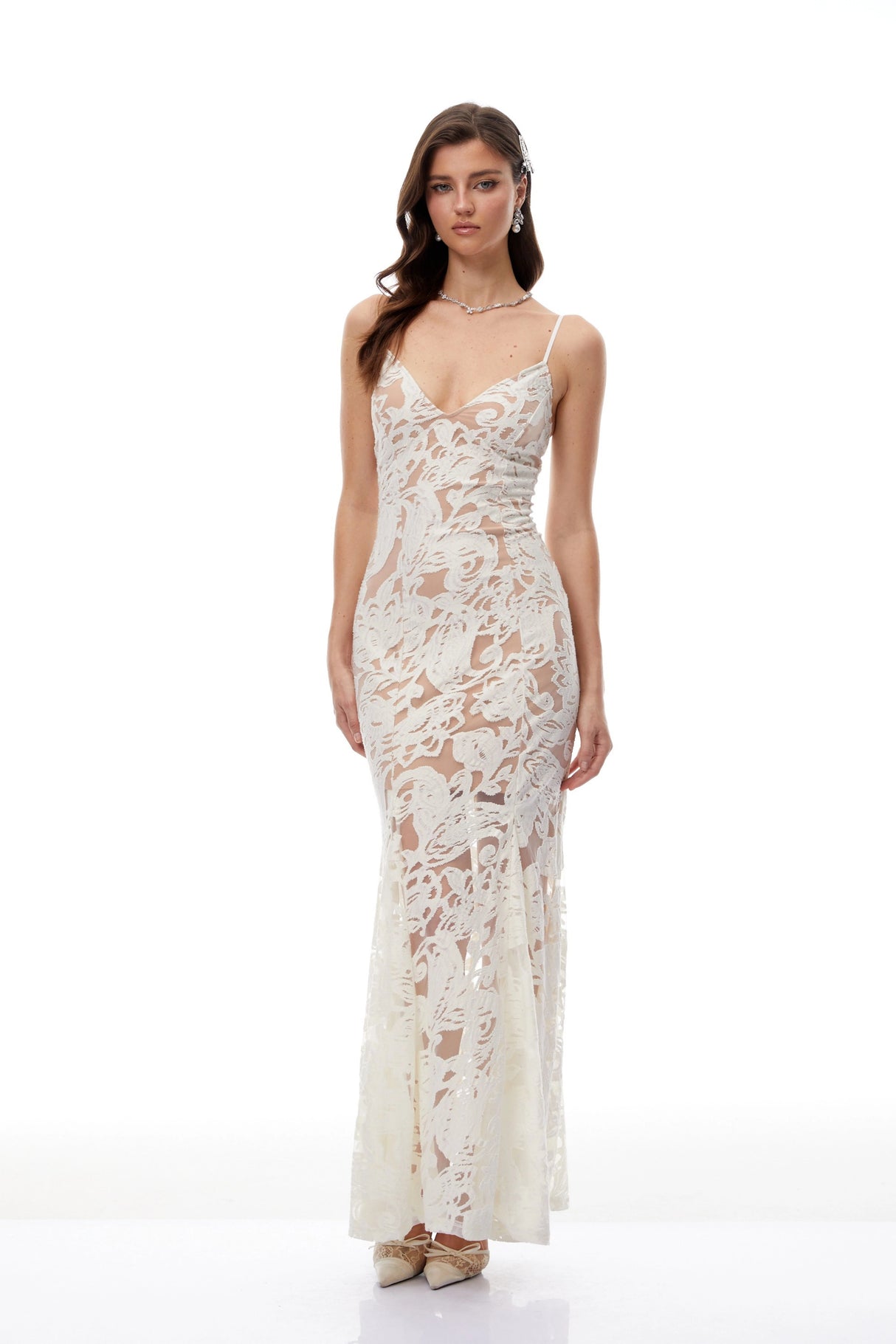 Paloma White Floral Lace Tulle Maxi Dress