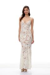 Paloma White Floral Lace Tulle Maxi Dress
