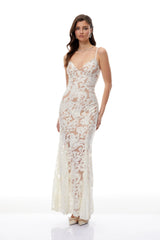 Paloma White Floral Lace Tulle Maxi Dress