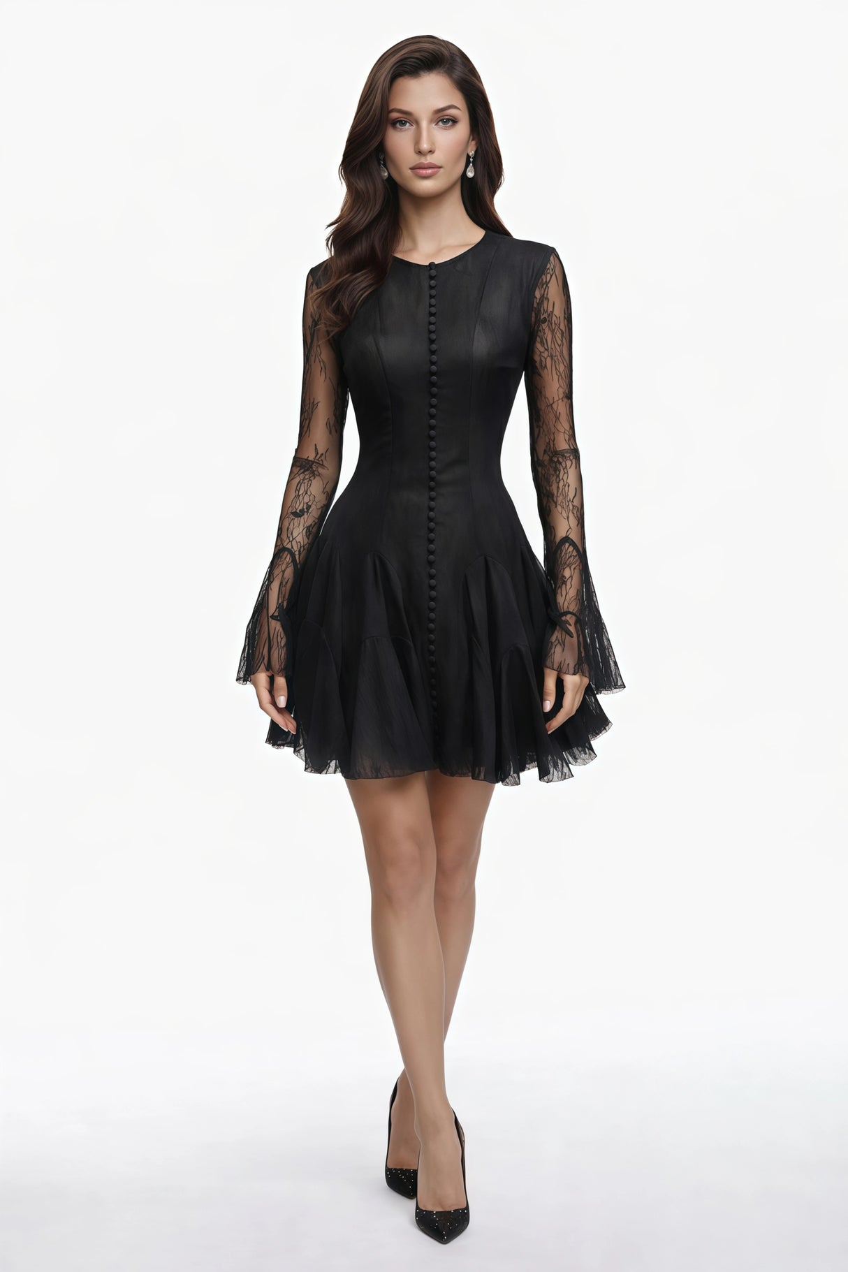Pamela Black Ruffled Mini Dress with Lace Panels