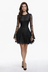 Pamela Black Ruffled Mini Dress with Lace Panels