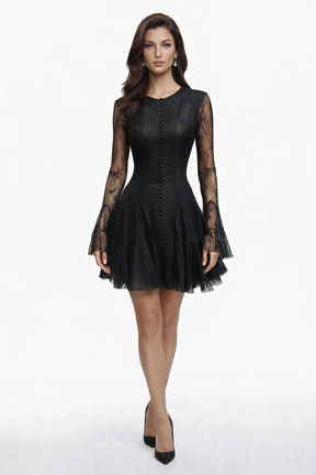 Pamela Black Ruffled Mini Dress with Lace Panels