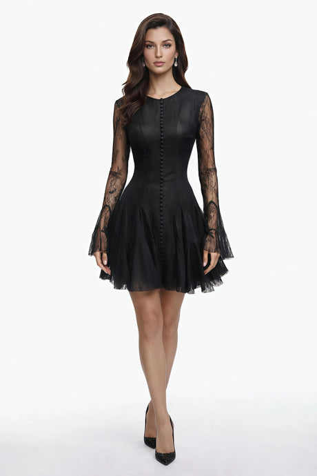 Fiorella Mini Dress Black Ruffled with Lace Panels