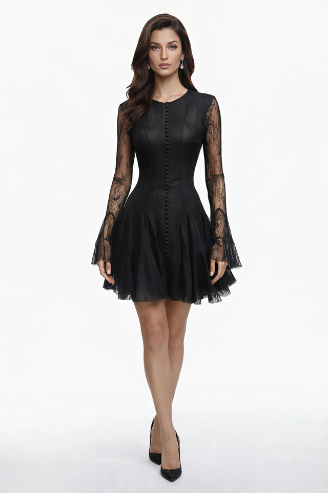 Pamela Black Ruffled Mini Dress with Lace Panels