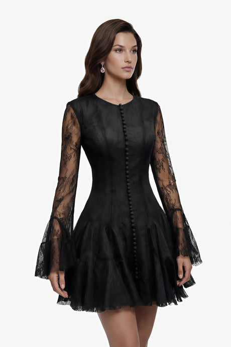 Fiorella Mini Dress Black Ruffled with Lace Panels