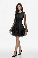Pamela Black Ruffled Mini Dress with Lace Panels