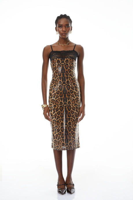 Kimberly Midi Dress Brown Leopard Sequin Embellished