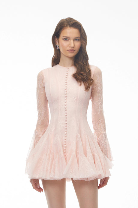 Laura Mini Dress Pink Ruffled with Lace Panels