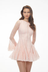 Pamela Pink Ruffled Mini Dress with Lace Panels