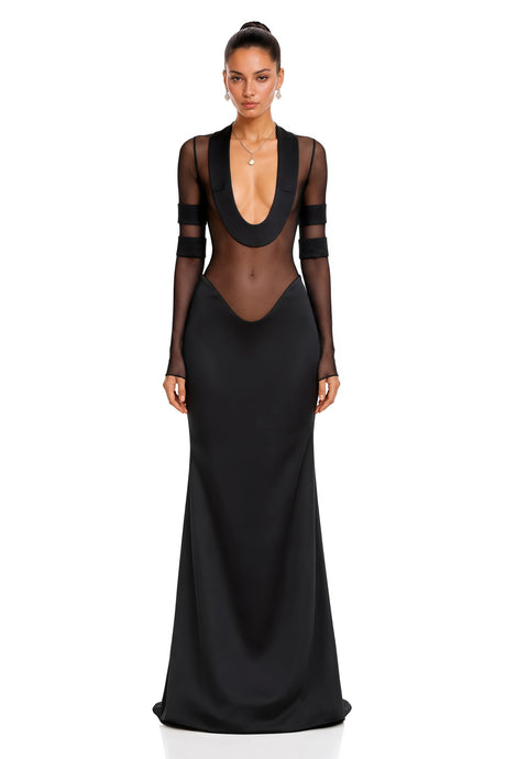 Letizia Black Mesh-Panel Gown