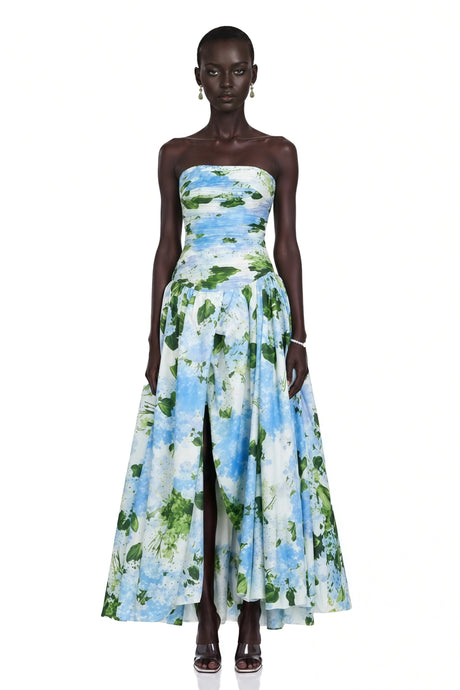 Ninetta Maxi Dress Blue Hydrangea Floral Print Pleated