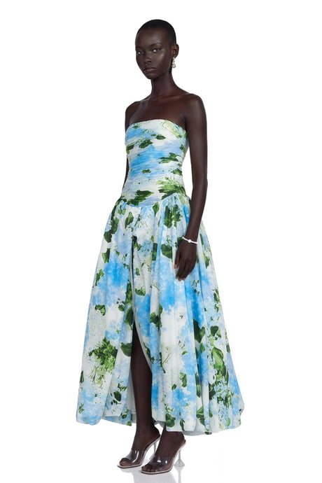 Ninetta Maxi Dress Blue Hydrangea Floral Print Pleated