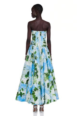 Parastoo Blue Hydrangea Floral Print Pleated Maxi Dress