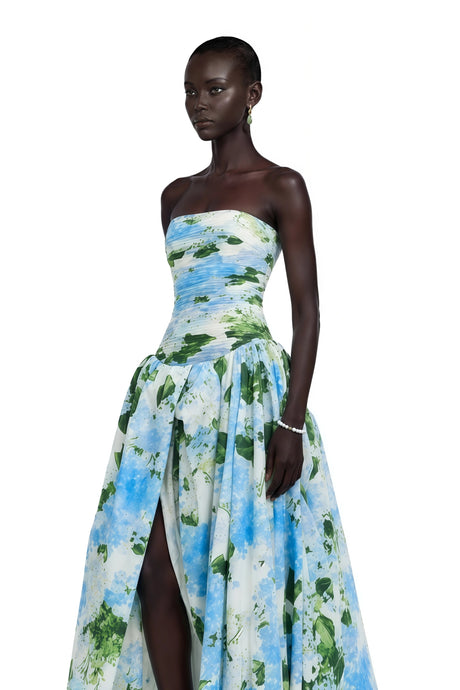 Ninetta Maxi Dress Blue Hydrangea Floral Print Pleated
