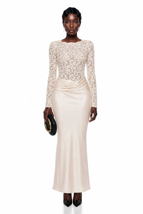 Parvaneh Cream Satin Maxi Dress with Lace Panels