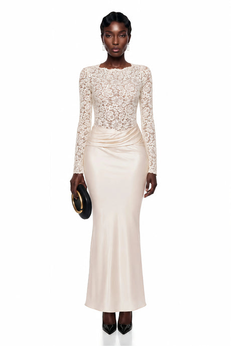 Paris Maxi Dress Cream Satin with Lace Panels