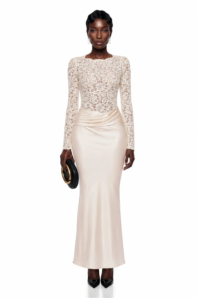 Parvaneh Cream Satin Maxi Dress with Lace Panels