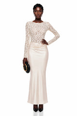 Parvaneh Cream Satin Maxi Dress with Lace Panels