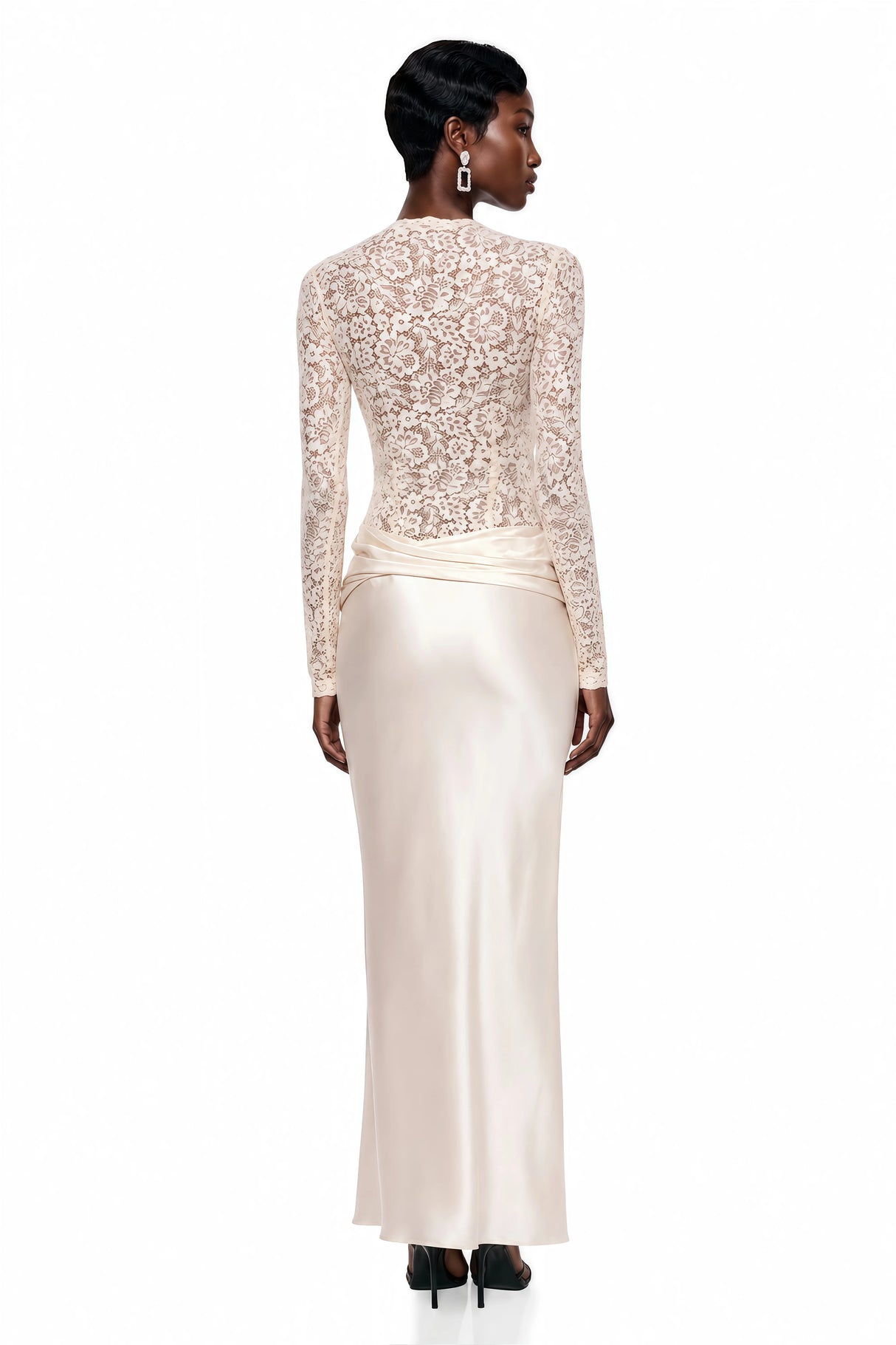 Parvaneh Cream Satin Maxi Dress with Lace Panels
