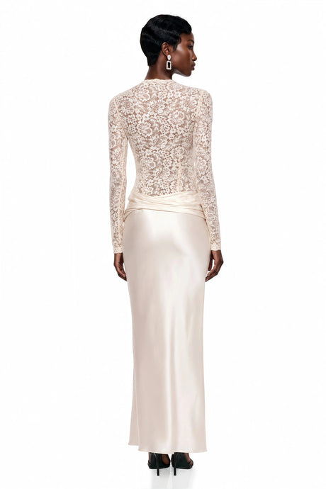Paris Maxi Dress Cream Satin with Lace Panels