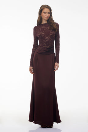 Parvaneh Rust Satin Maxi Dress with Lace Panels
