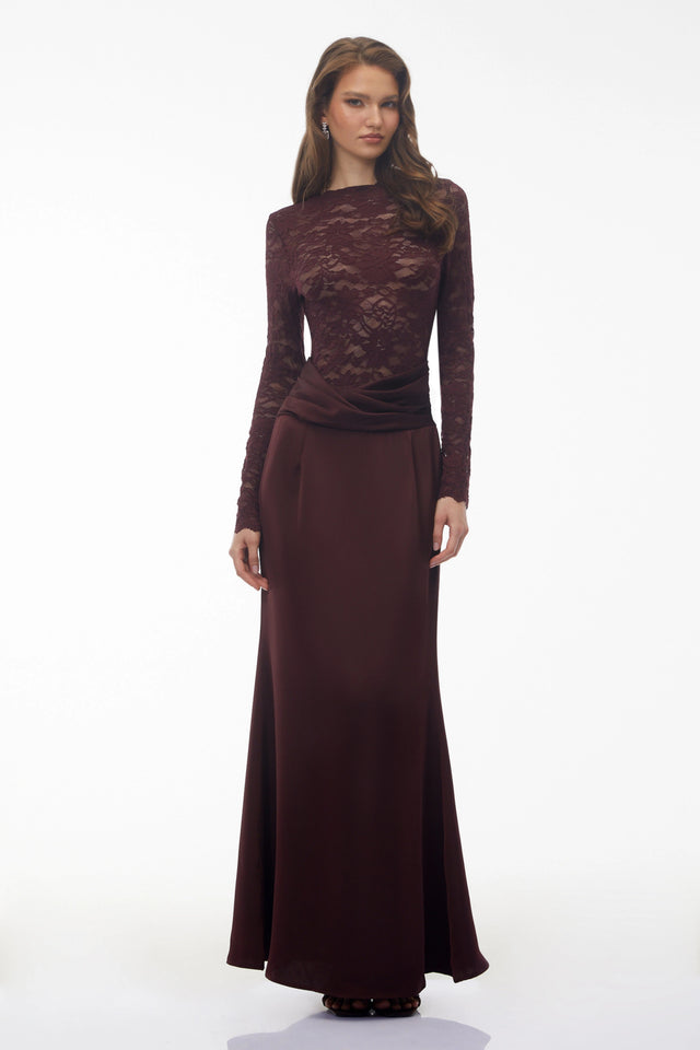 Parvaneh Rust Satin Maxi Dress with Lace Panels