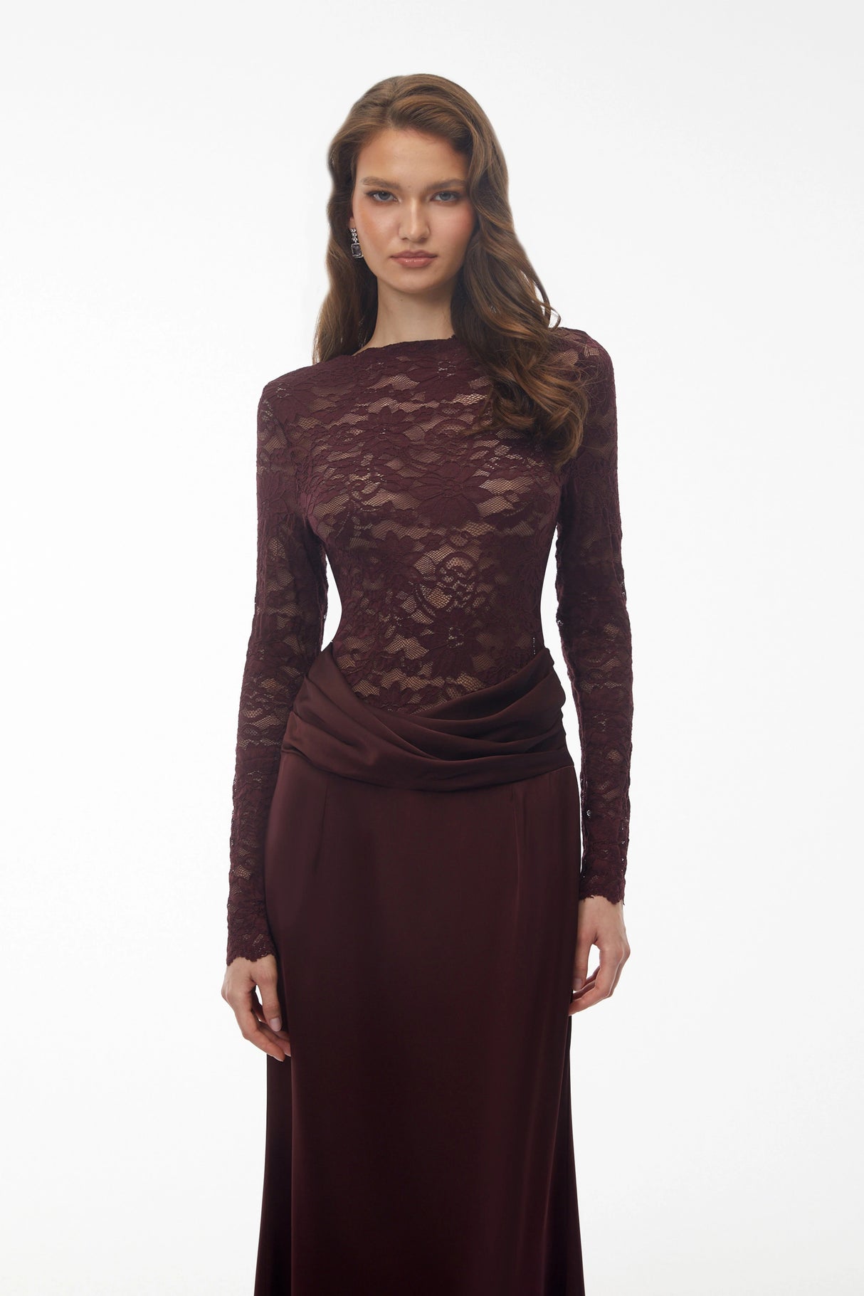 Parvaneh Rust Satin Maxi Dress with Lace Panels