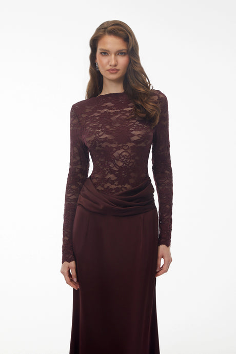 Renata Maxi Dress Rust Satin with Lace Panels