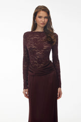 Parvaneh Rust Satin Maxi Dress with Lace Panels