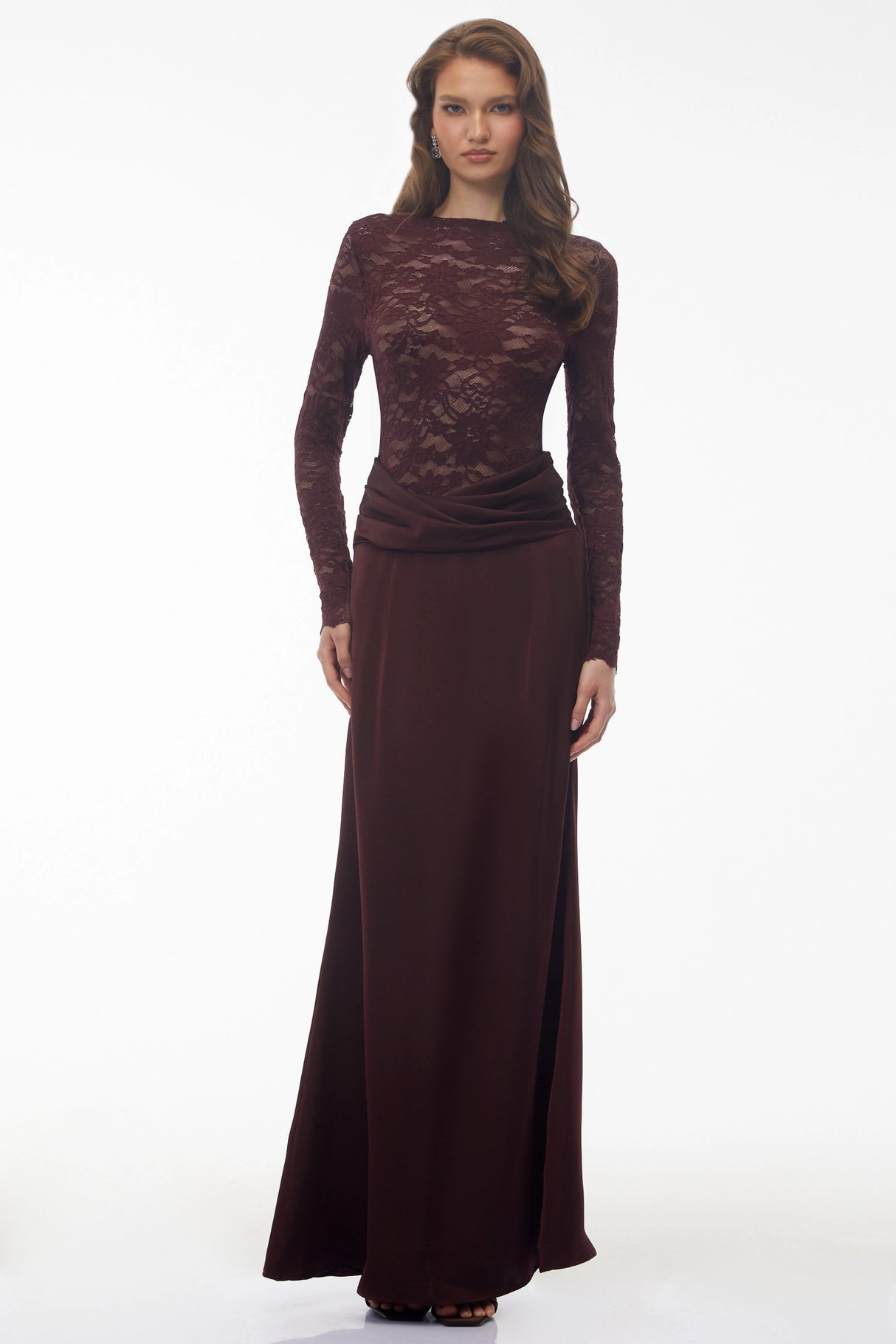 Parvaneh Rust Satin Maxi Dress with Lace Panels